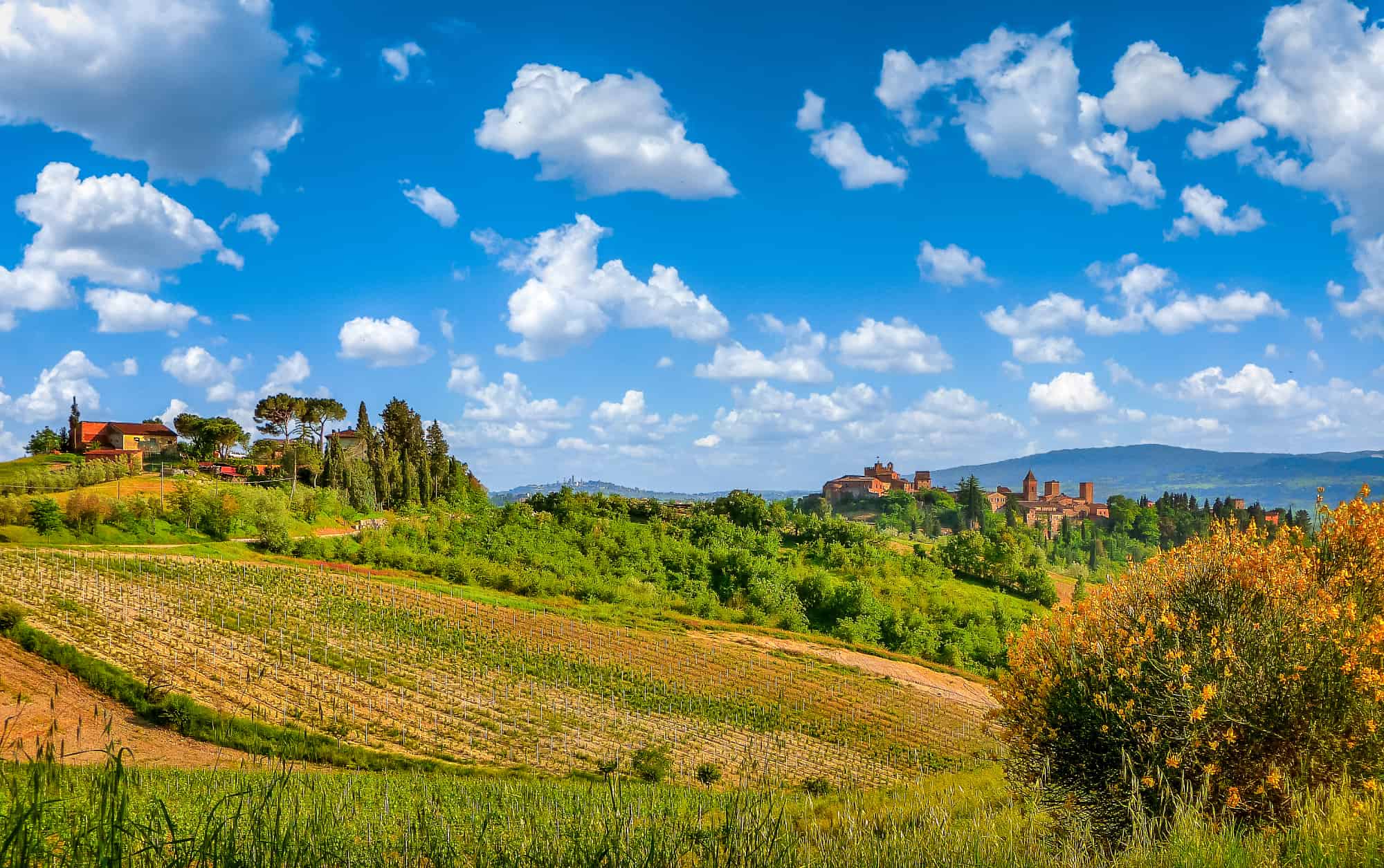 Beautiful tuscan landscape with historic San Gimignano, Certaldo